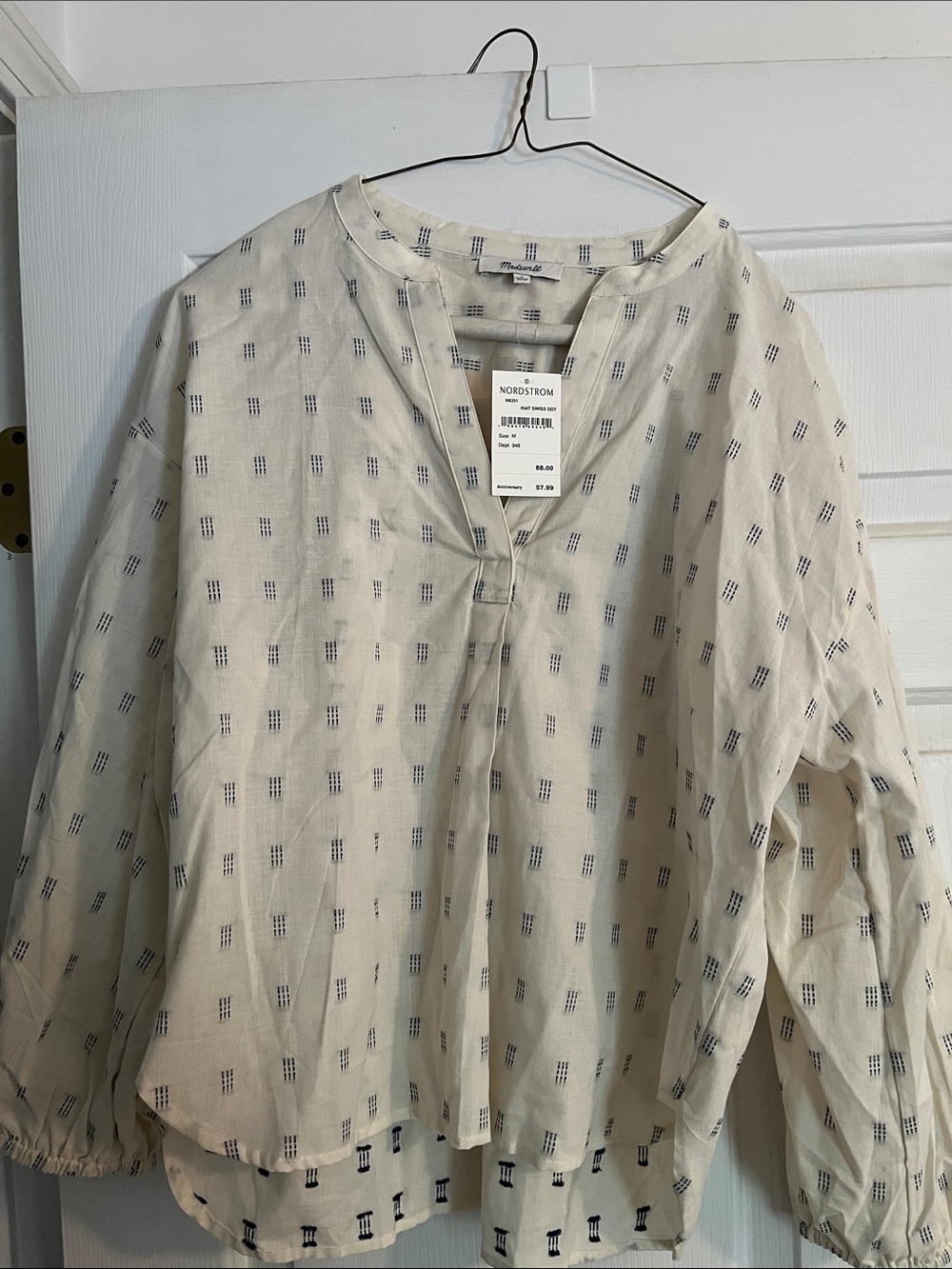 Madewell Cream Peasant Blouse with Navy Grid Print